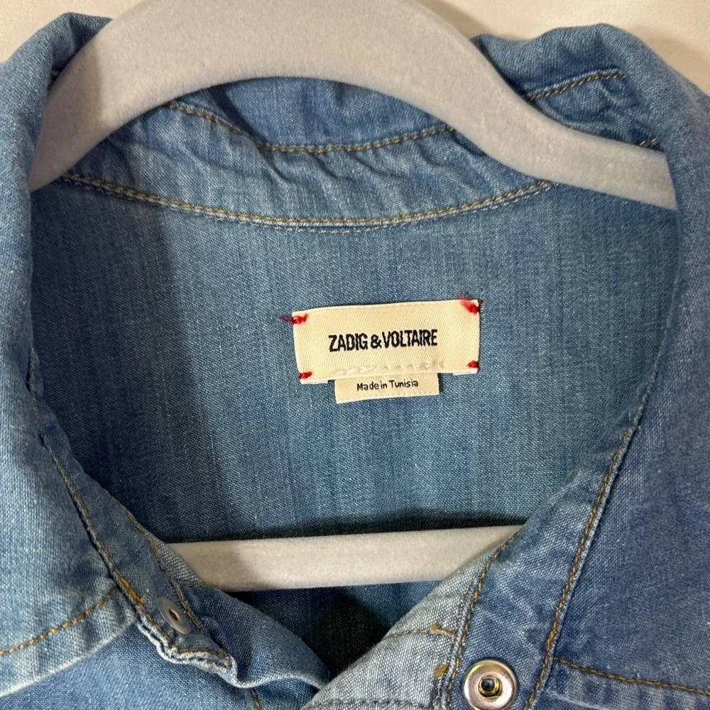 Zadig & Voltaire Denim Button Up Shirt C’est Alright Graphic Back Light Wash - Picture 2 of 10